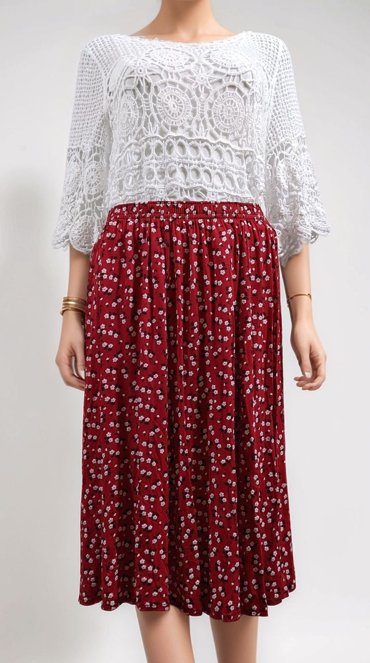 Red Floral Pattern Elasticated Skirt