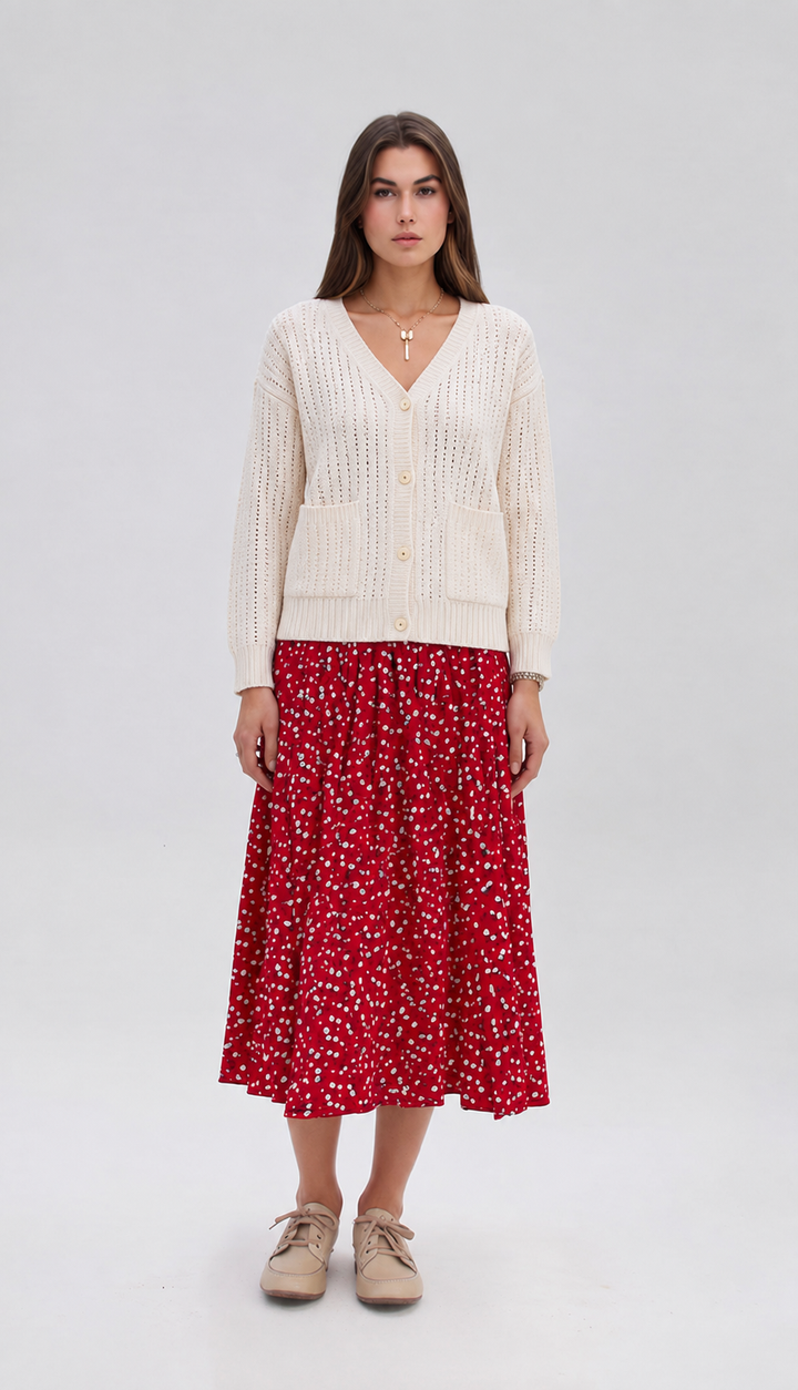Red Floral Pattern Elasticated Skirt