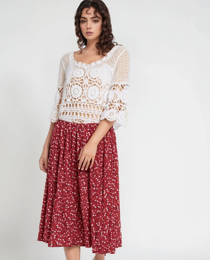 Red Floral Pattern Elasticated Skirt