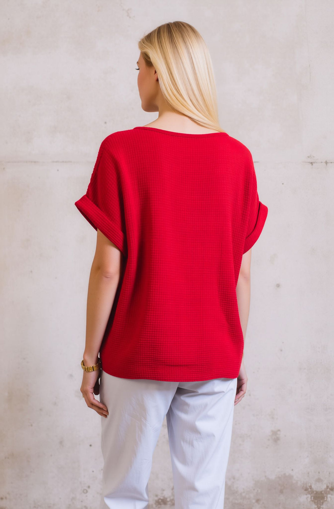 Red Loose Fit Short Sleeve Casual Waffle Texture Blouse with Necklace