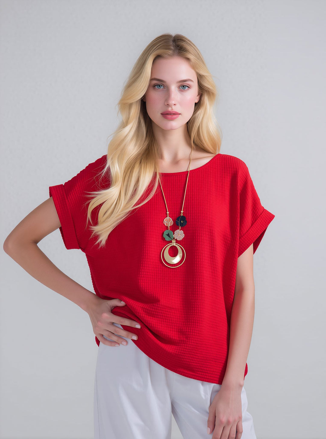 Red Loose Fit Short Sleeve Casual Waffle Texture Blouse with Necklace