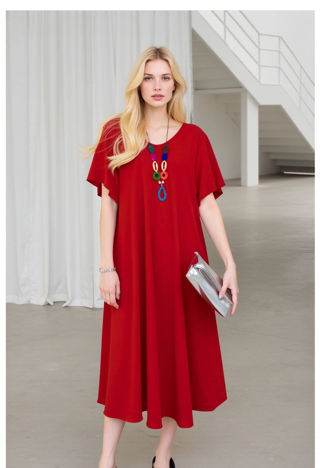 Red Midi Dress Loose Fit Short Sleeve Swing Dress with Statement Neckl ShineFashions.ie Red Midi Dress Loose Fit Short Sleeve Swing Dress with Statement Neckl ShineFashions.ie