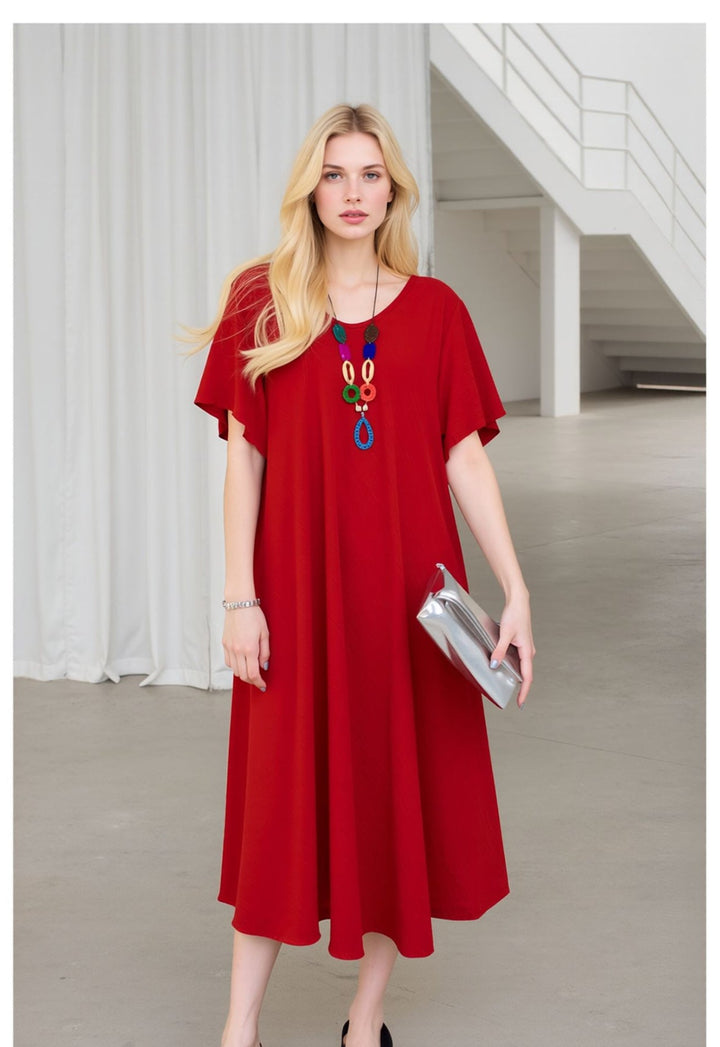 Red Midi Dress Loose Fit Short Sleeve Swing Dress with Statement Necklace
