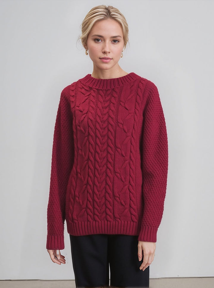 Red Round Neck Cable Knit Aran Style Jumper