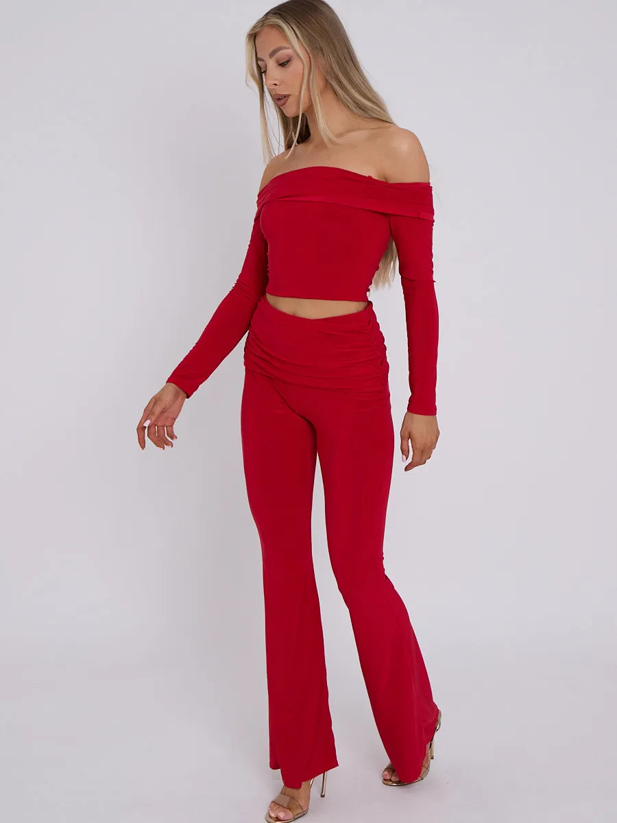 Red Slinky Off Shoulder Crop Top & Fold Over Flares Trousers Co-ord Set