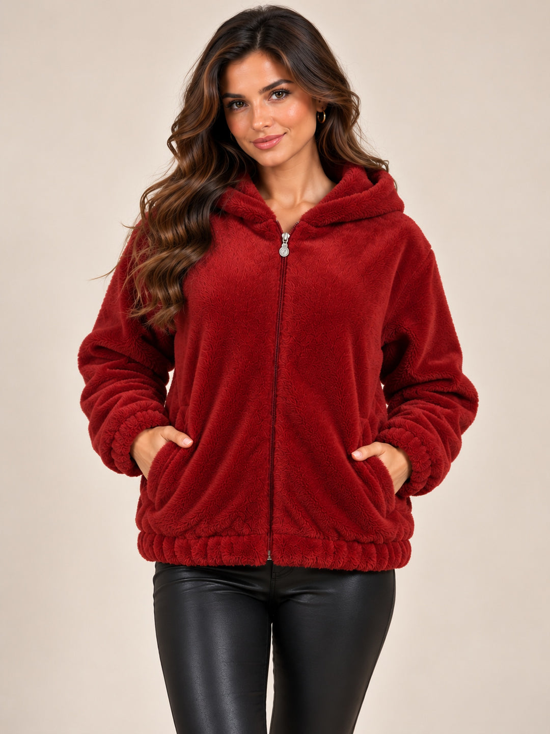 Red Soft Fur Hooded Zip-Up Jacket