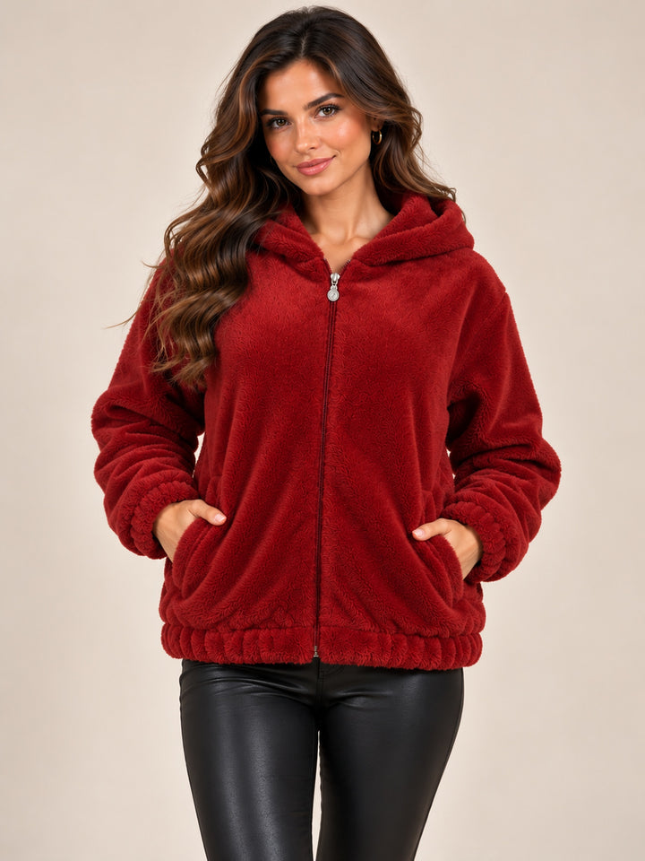 Red Soft Fur Hooded Zip-Up Jacket