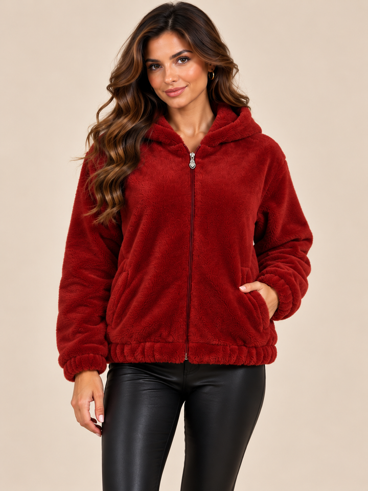 Red Soft Fur Hooded Zip-Up Jacket