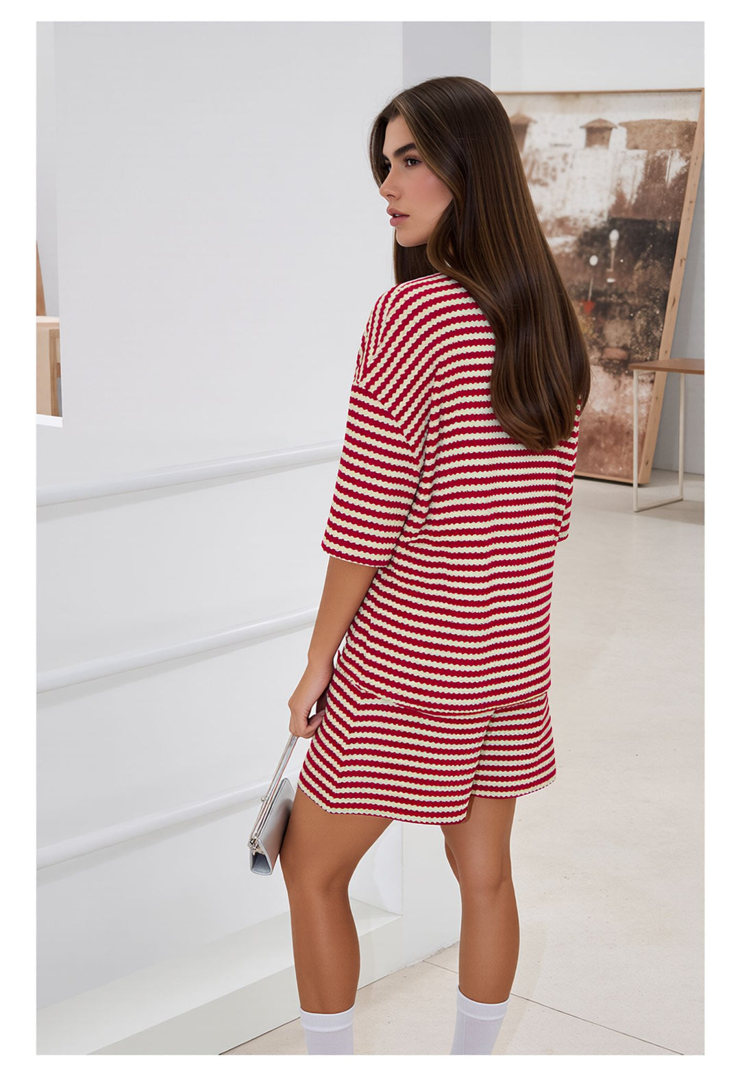 Red Striped Knitted Co-Ord Shorts Set with Oversized Top