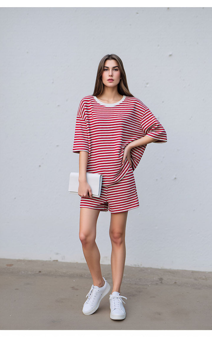 Red Striped Knitted Co-Ord Shorts Set with Oversized Top
