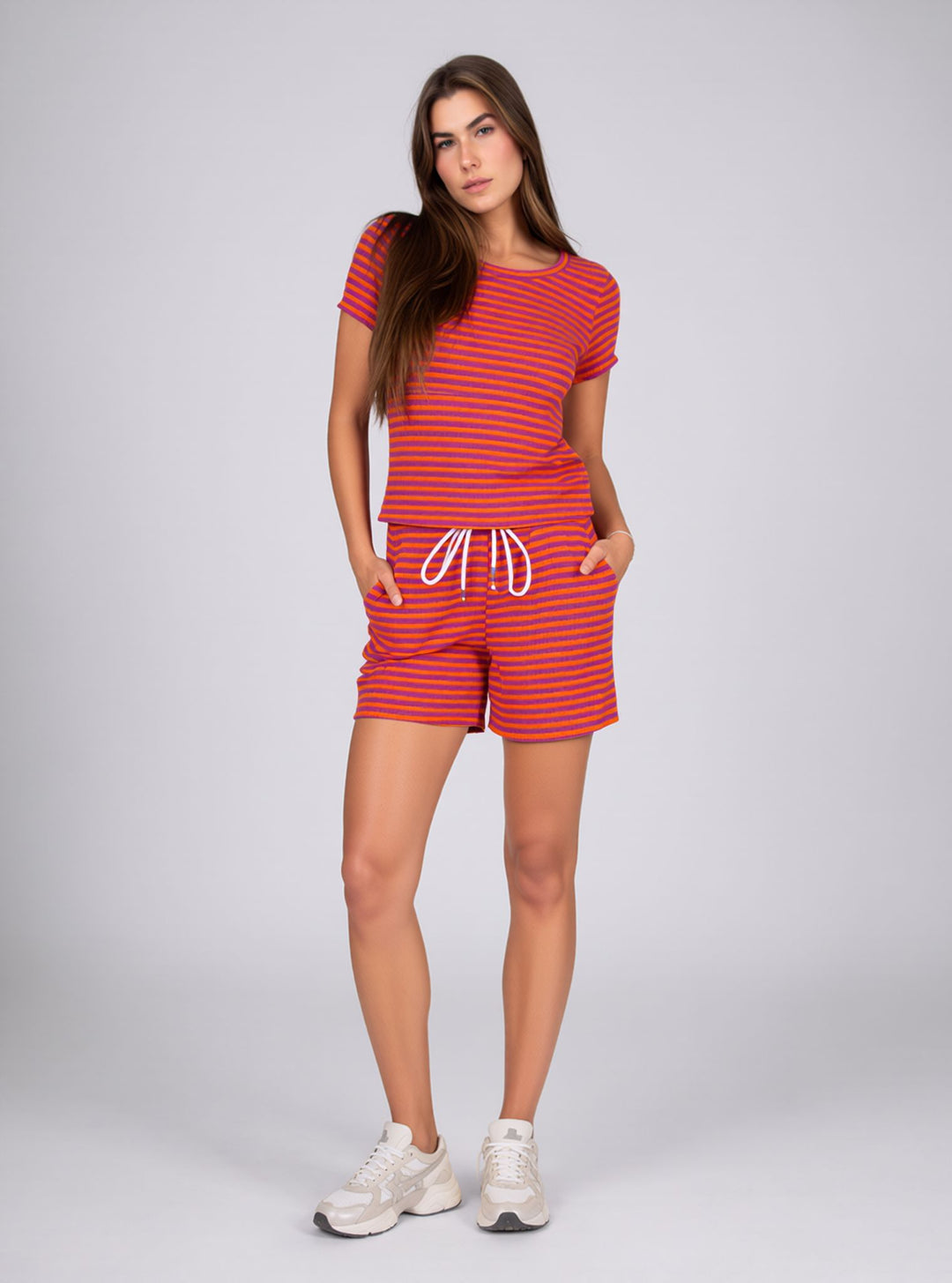 Orange Striped Short Sleeve Co-Ord Lounge Set with Drawstring Shorts