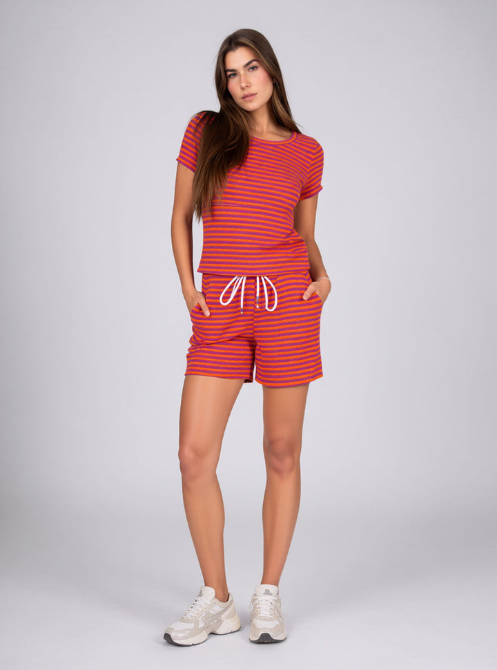 Orange Striped Short Sleeve Co-Ord Lounge Set with Drawstring Shorts