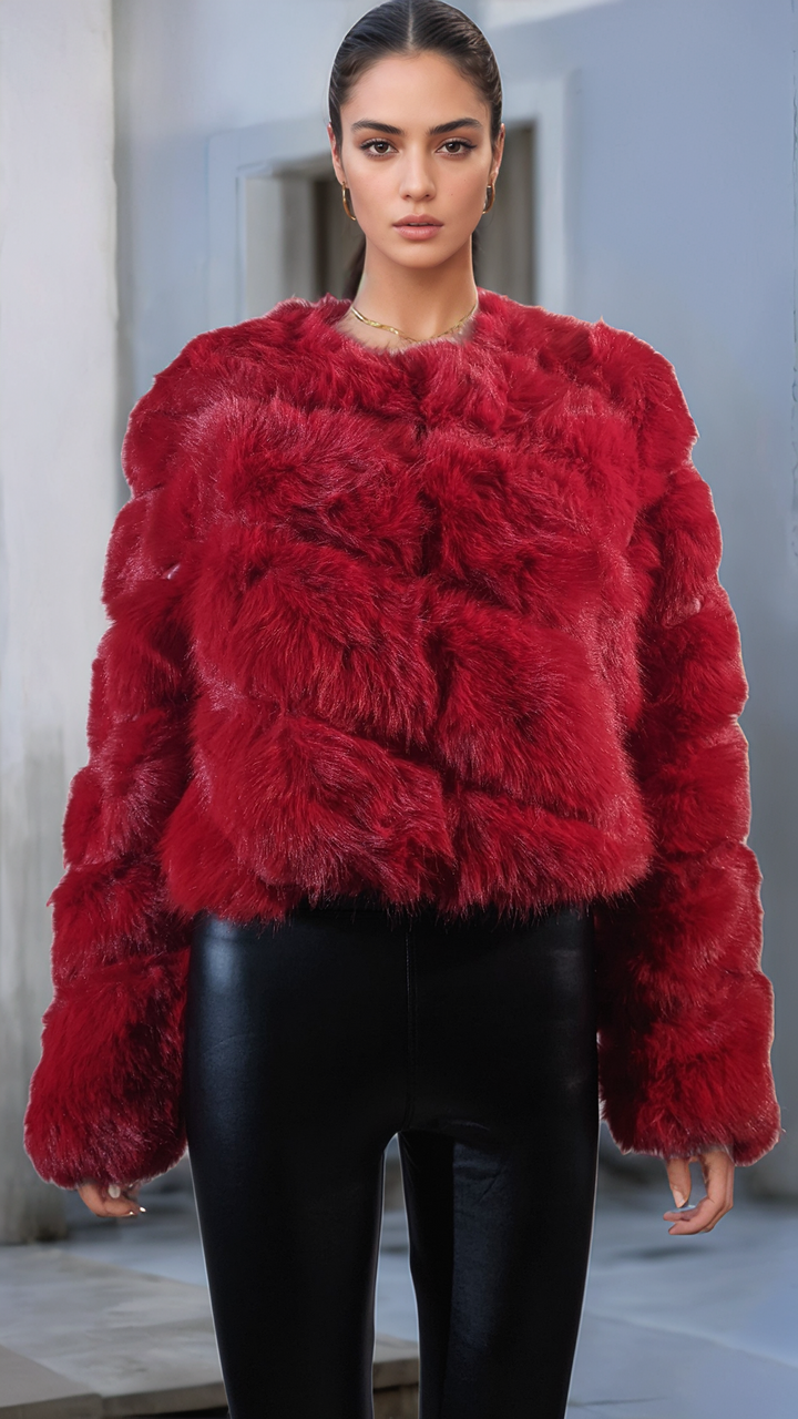 Red Thick Faux Fur Paneled Layered Jacket