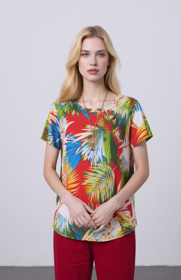 Red Tropical Print Short Sleeve Summer Top with Necklace