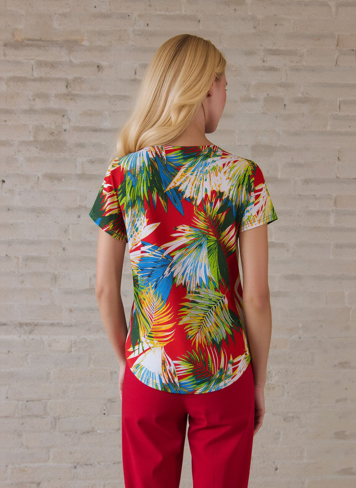 Red Tropical Print Short Sleeve Summer Top with Necklace