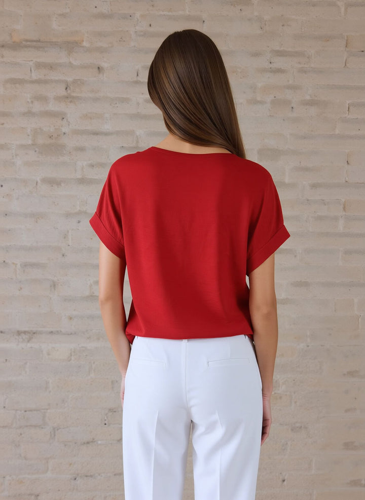 Red V-Neck Batwing Top with Pendant Necklace Elegant Loose Fit Short Sleeve Blouse
