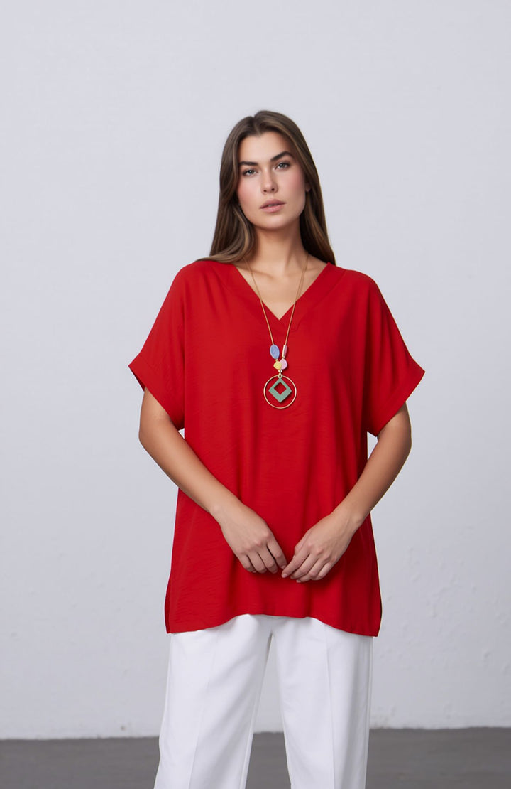 Red V-Neck Batwing Top with Pendant Necklace Elegant Loose Fit Short Sleeve Blouse