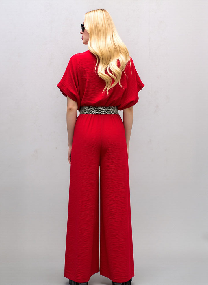 Red V-Neck Wide Leg Jumpsuit with Belt