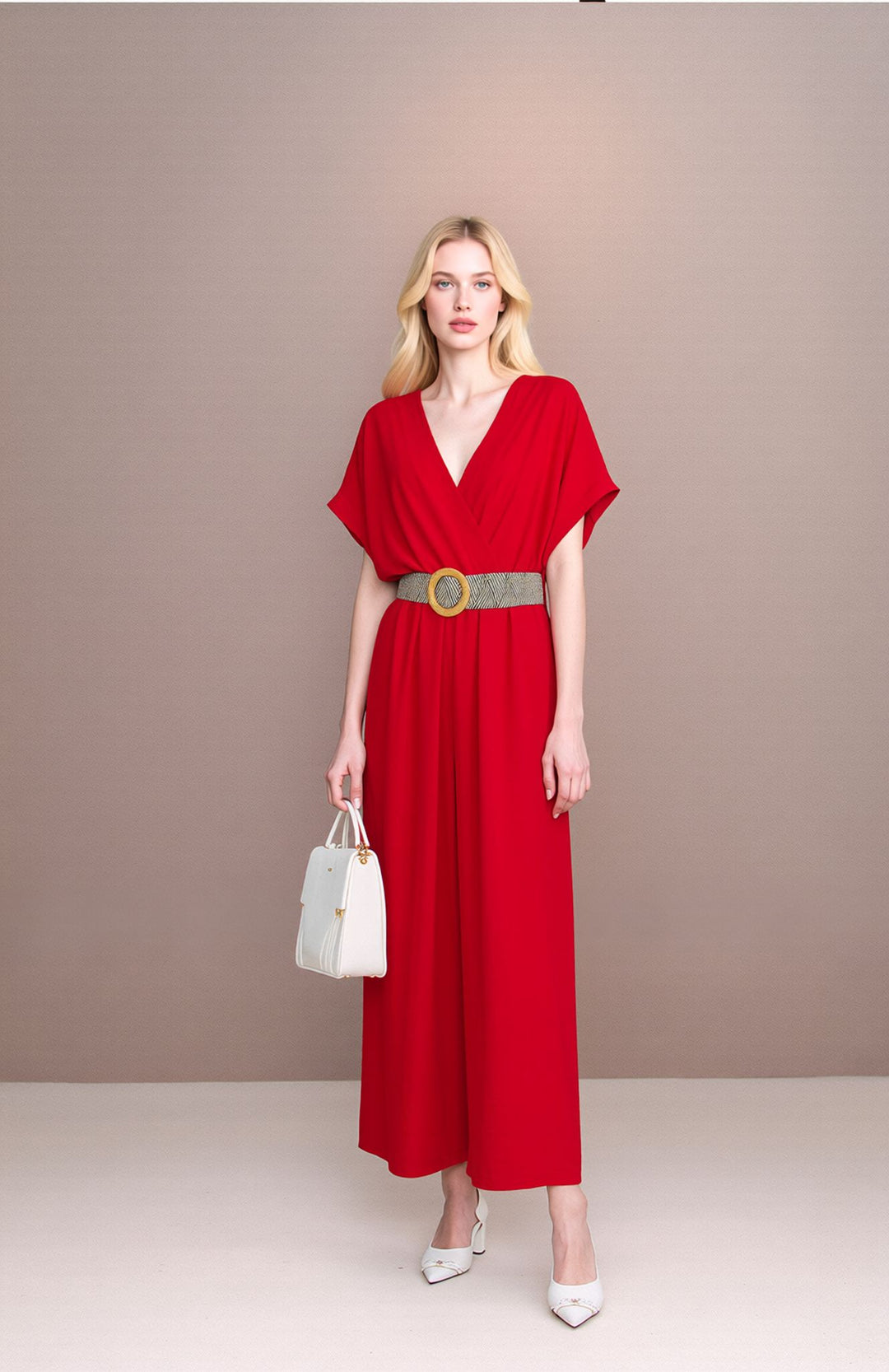 Red V-Neck Wide Leg Jumpsuit with Belt
