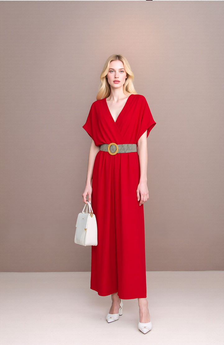 Red V-Neck Wide Leg Jumpsuit with Belt