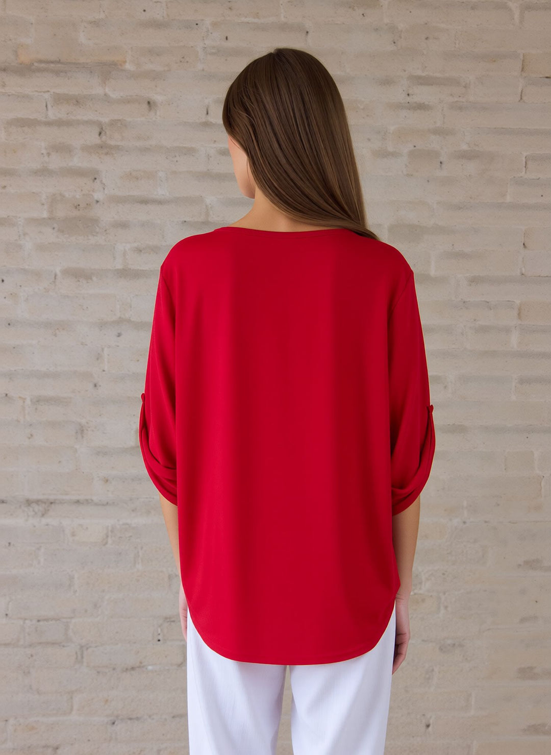 Red V-Neck Zip Detail Tunic Chic Top
