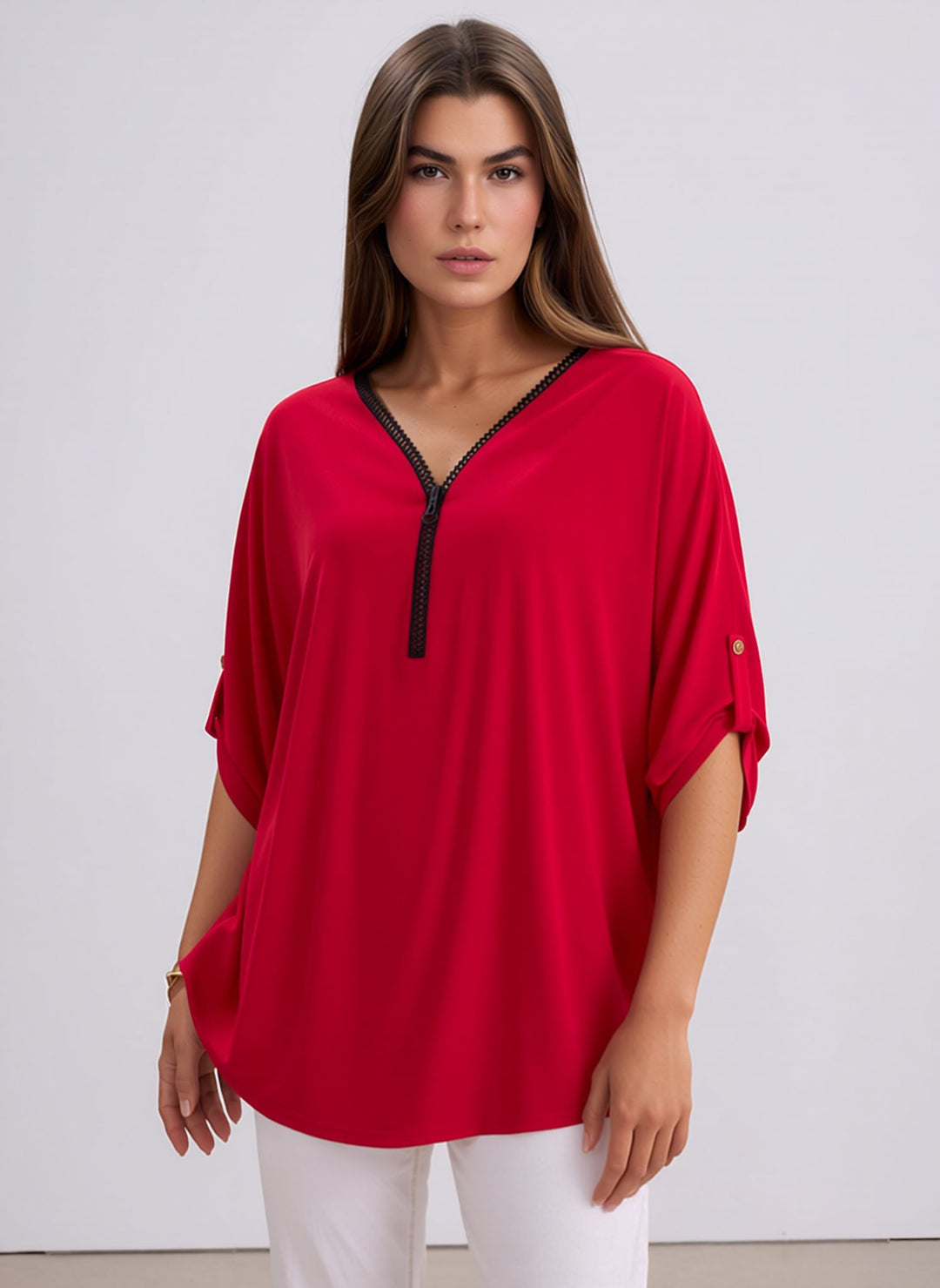 Red V-Neck Zip Detail Tunic Chic Top