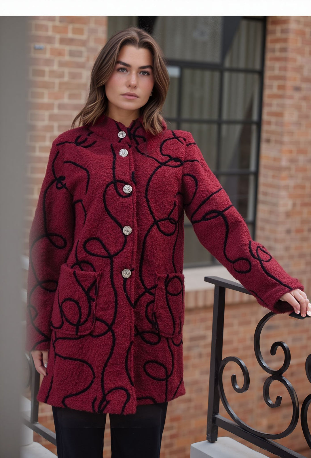 Red Warm Bouclé Winter Stylish Pattern Coat 