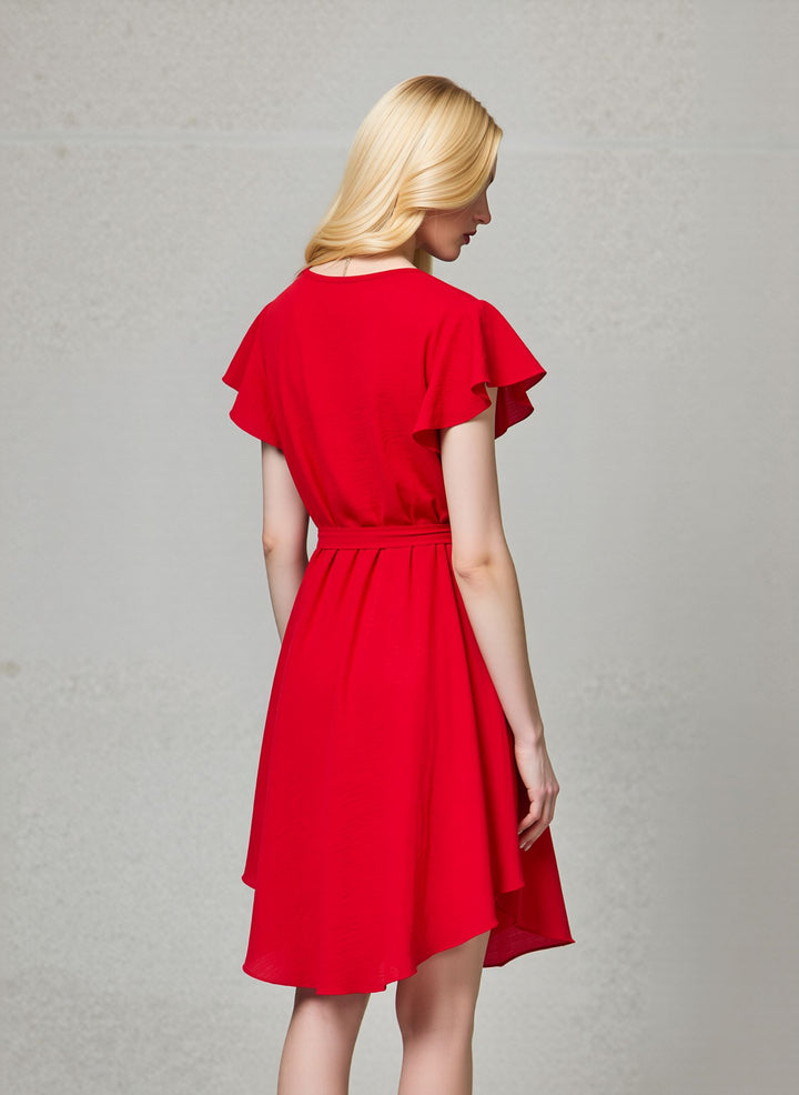 Red Wrap Elegant V-Neck Flutter Sleeve Belted A-Line Midi Dress