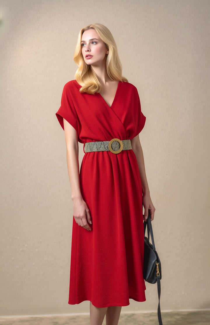 Red Wrap Midi Dress Elegant Summer Occasion Dress with Belt