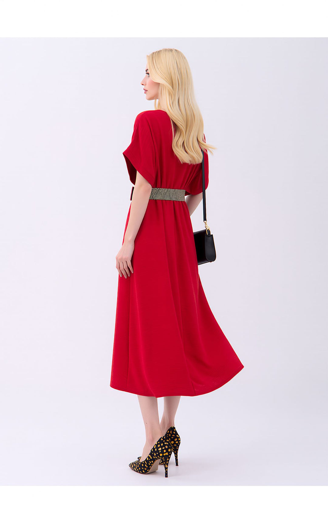 Red Wrap Midi Dress Elegant Summer Occasion Dress with Belt