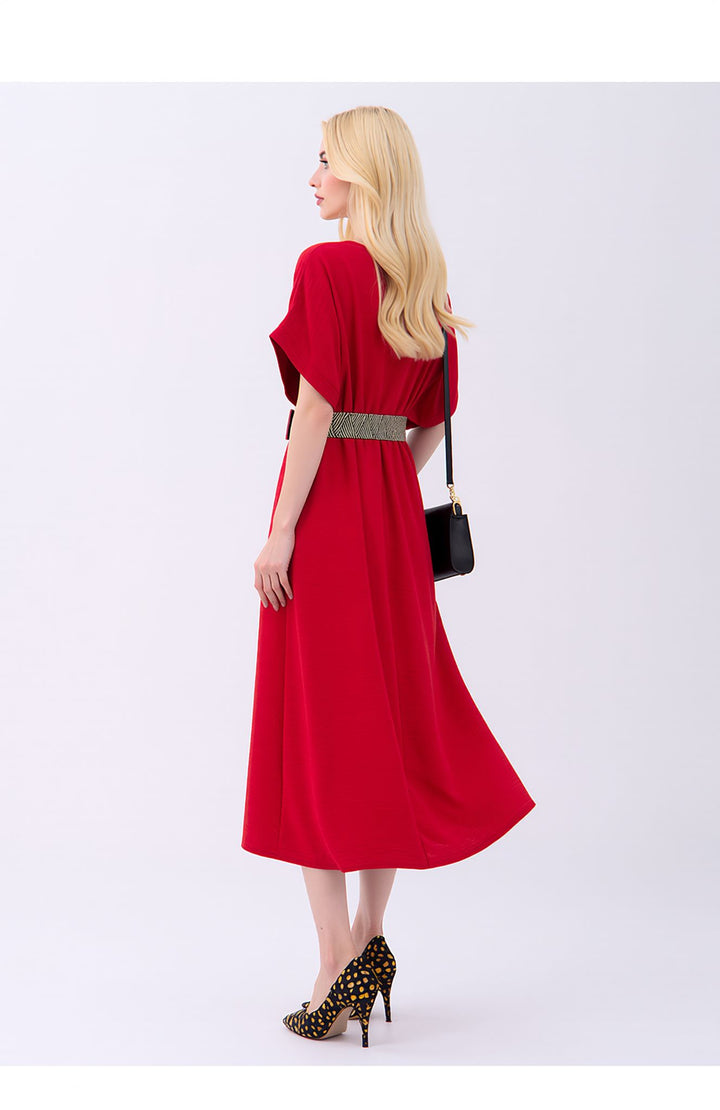 Red Wrap Midi Dress Elegant Summer Occasion Dress with Belt