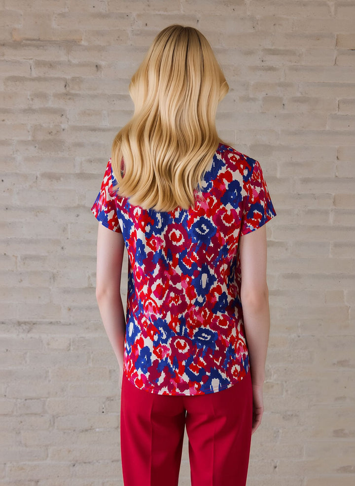 Red & Blue Abstract Floral Print Short Sleeve Blouse Top