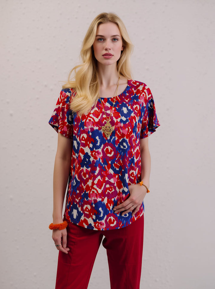 Red & Blue Abstract Floral Print Short Sleeve Blouse Top