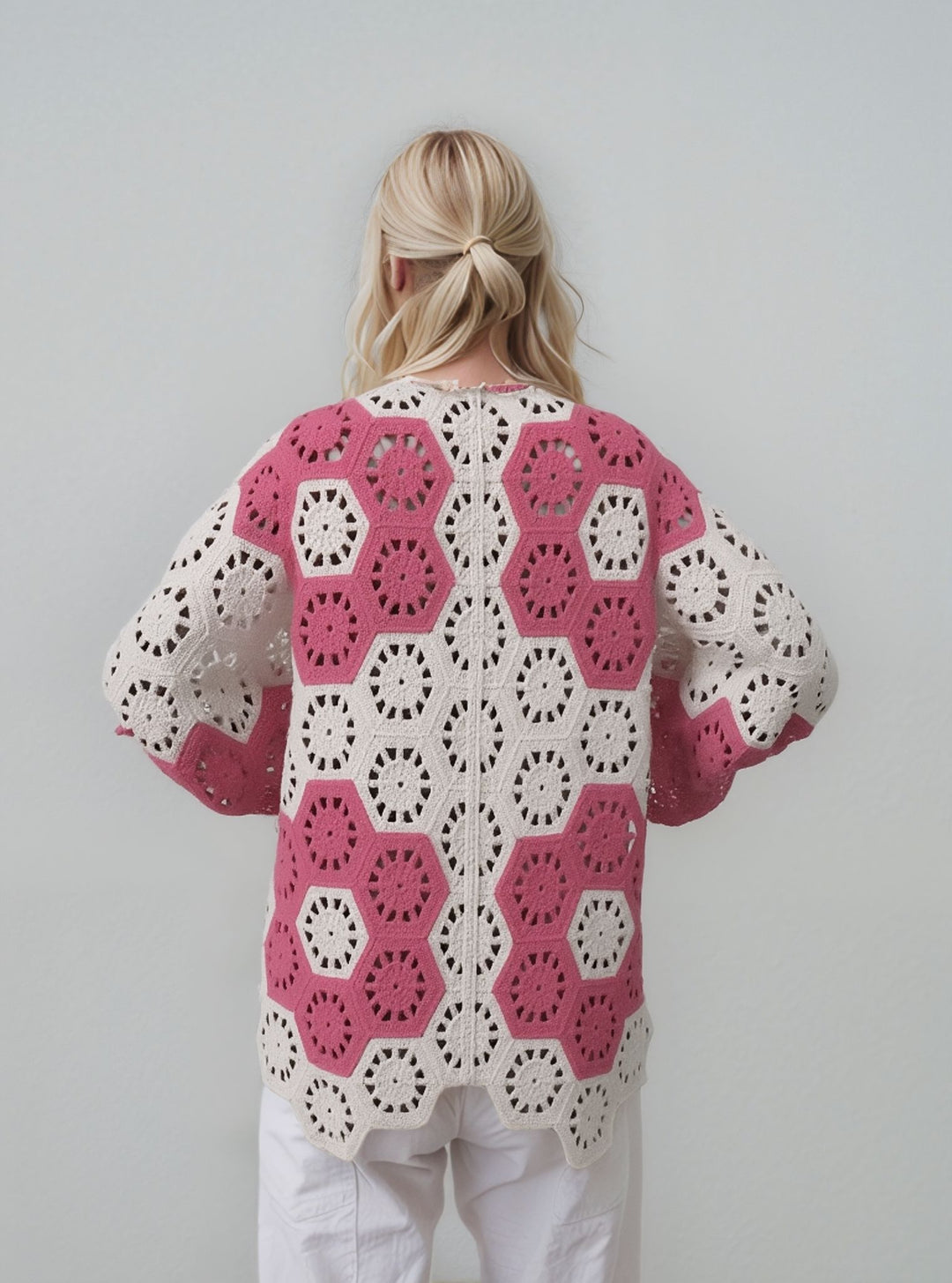 Red & Cream Crochet Button Front Cardigan