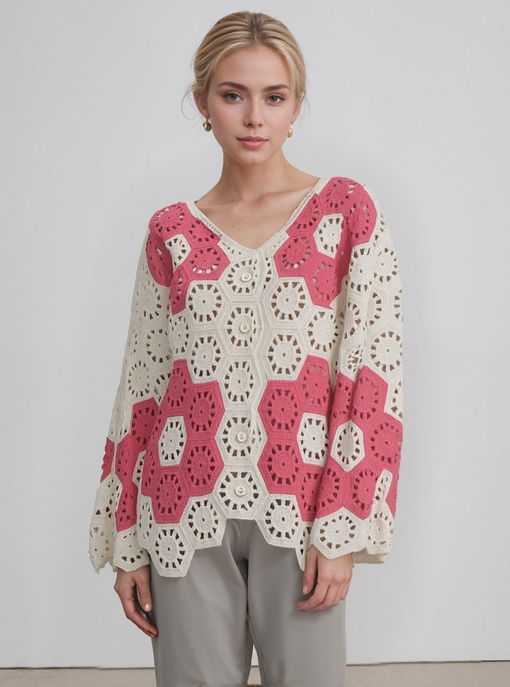 Red & Cream Crochet Button Front Cardigan
