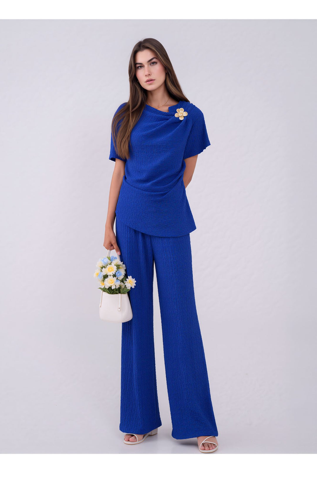 Royal Blue Elegant Draped Co-Ord Set Wide Leg Trouser & Occasion Top Outfit