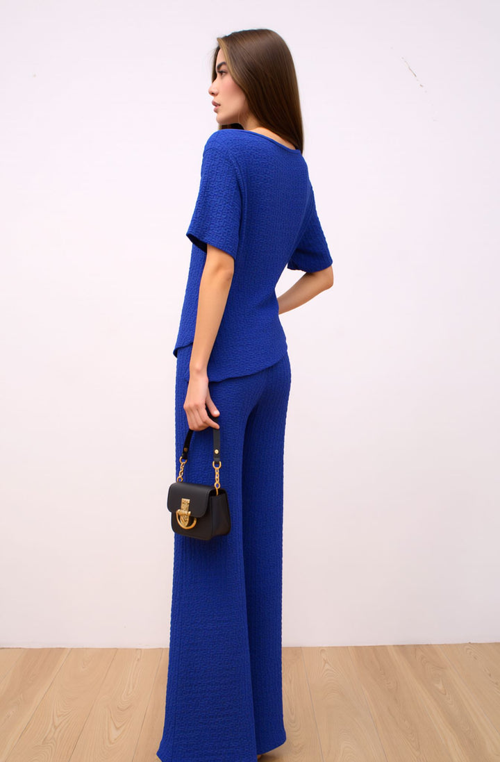 Royal Blue Elegant Draped Co-Ord Set Wide Leg Trouser & Occasion Top Outfit