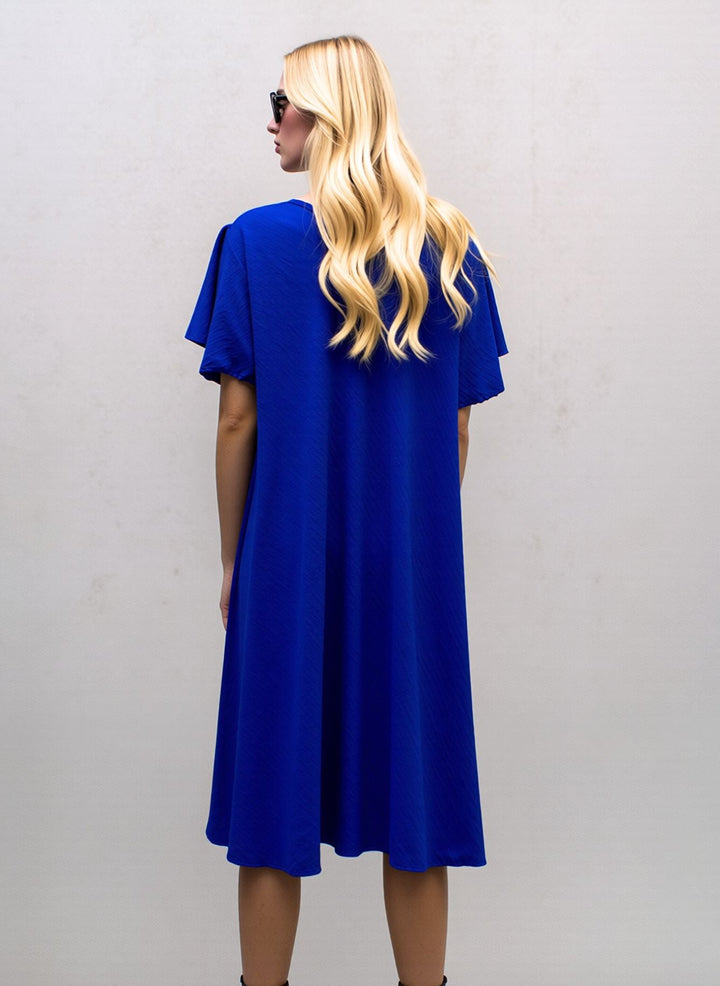 Royal Blue Midi Dress Loose Fit Short Sleeve Swing Dress with Statement Necklace