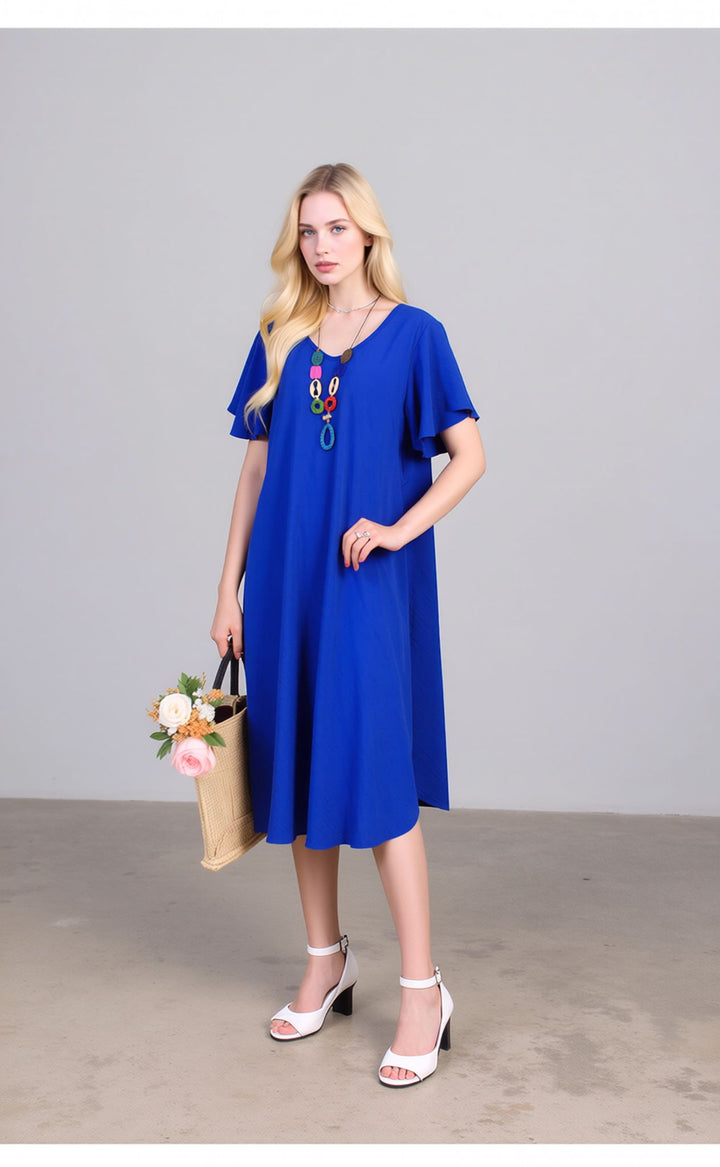 Royal Blue Midi Dress Loose Fit Short Sleeve Swing Dress with Statement Necklace