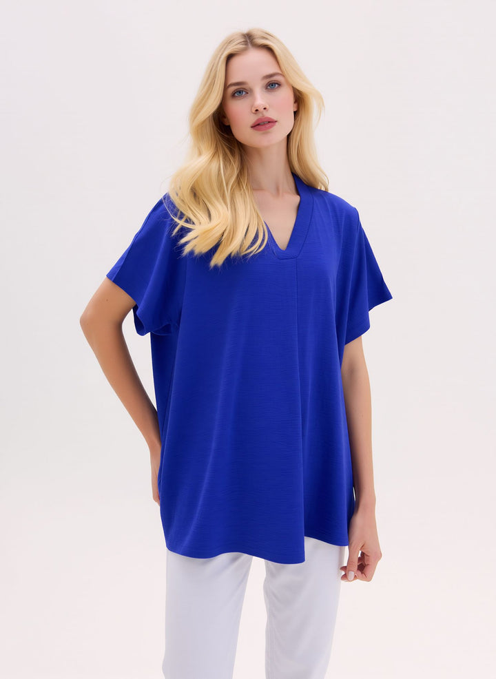 Royal Blue V-Neck Blouse Short Sleeve Top