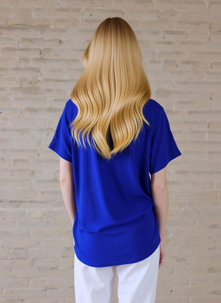 Royal Blue V-Neck Blouse Short Sleeve Top