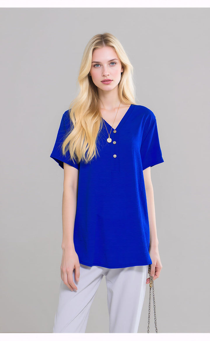 Royal Blue V-Neck Button Front Blouse Casual Loose Short Sleeve Top