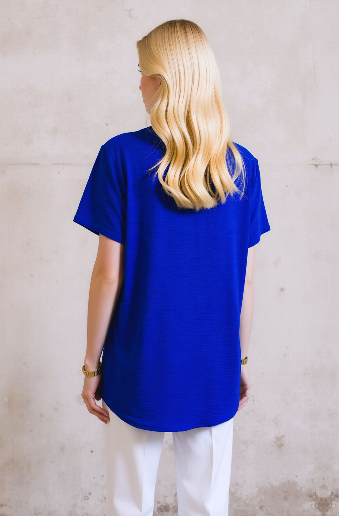 Royal Blue V-Neck Button Front Blouse Casual Loose Short Sleeve Top