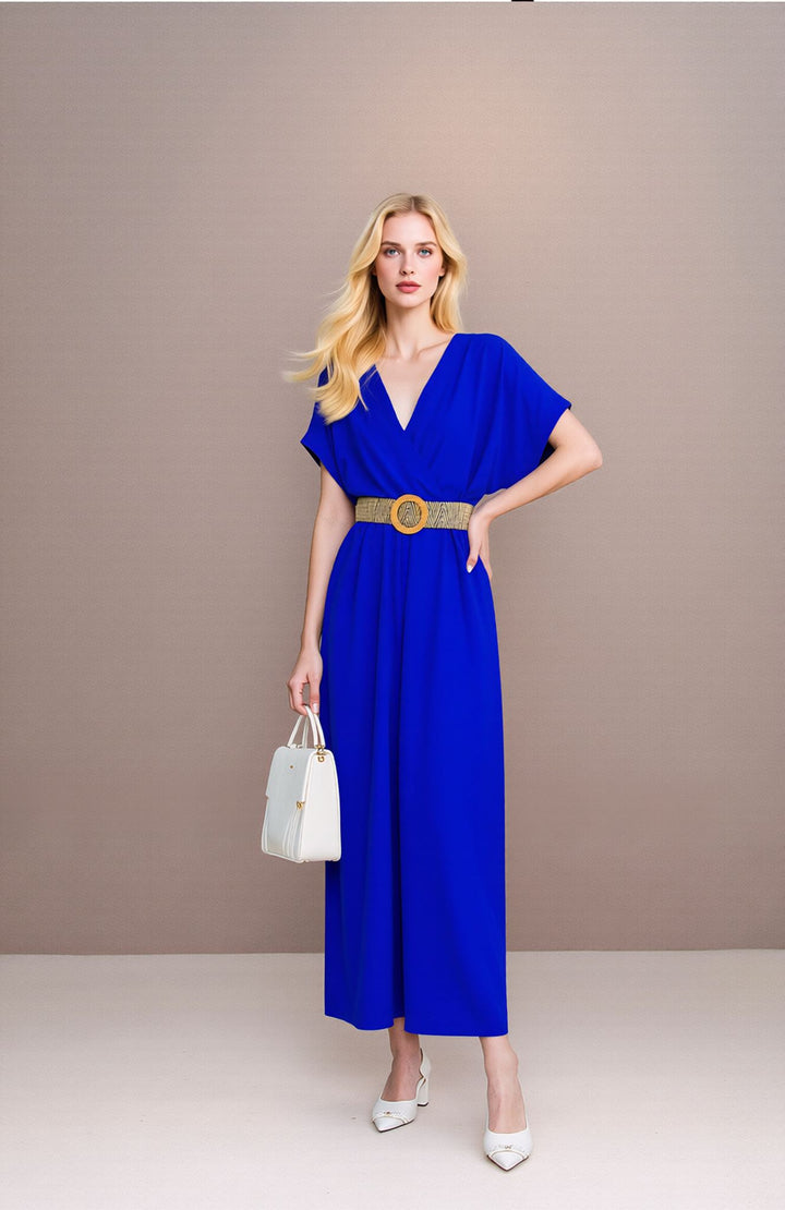 Royal Blue V-Neck Wide Leg Jumpsuit with Belt