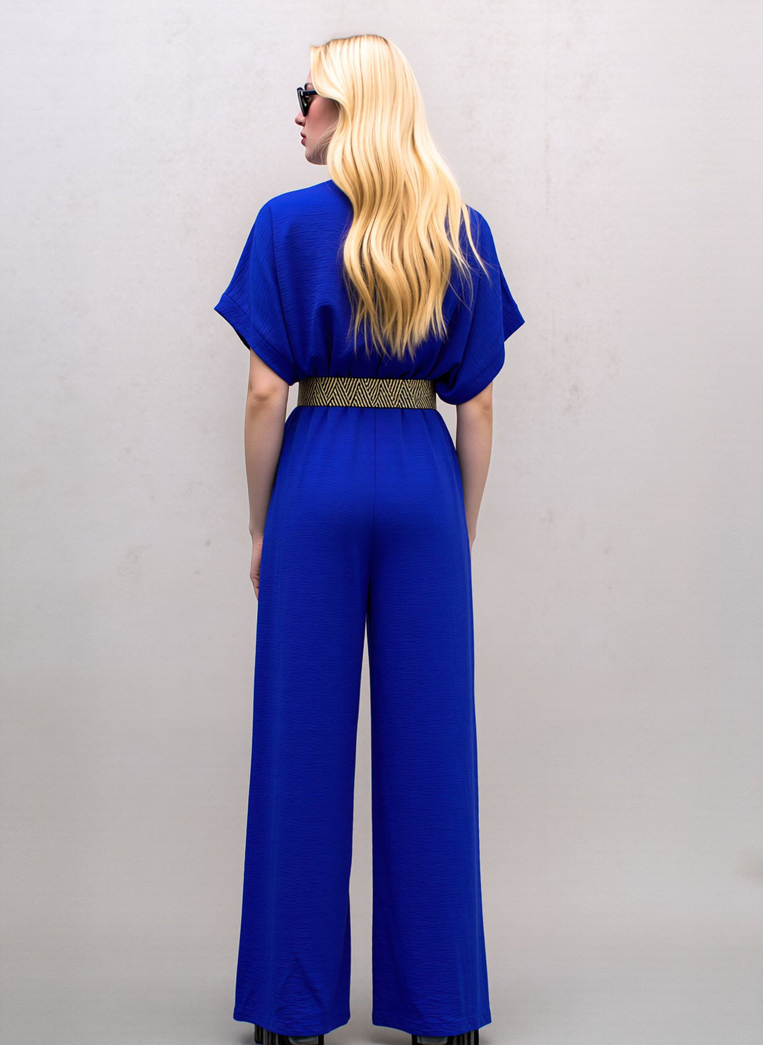 Royal Blue V-Neck Wide Leg Jumpsuit with Belt
