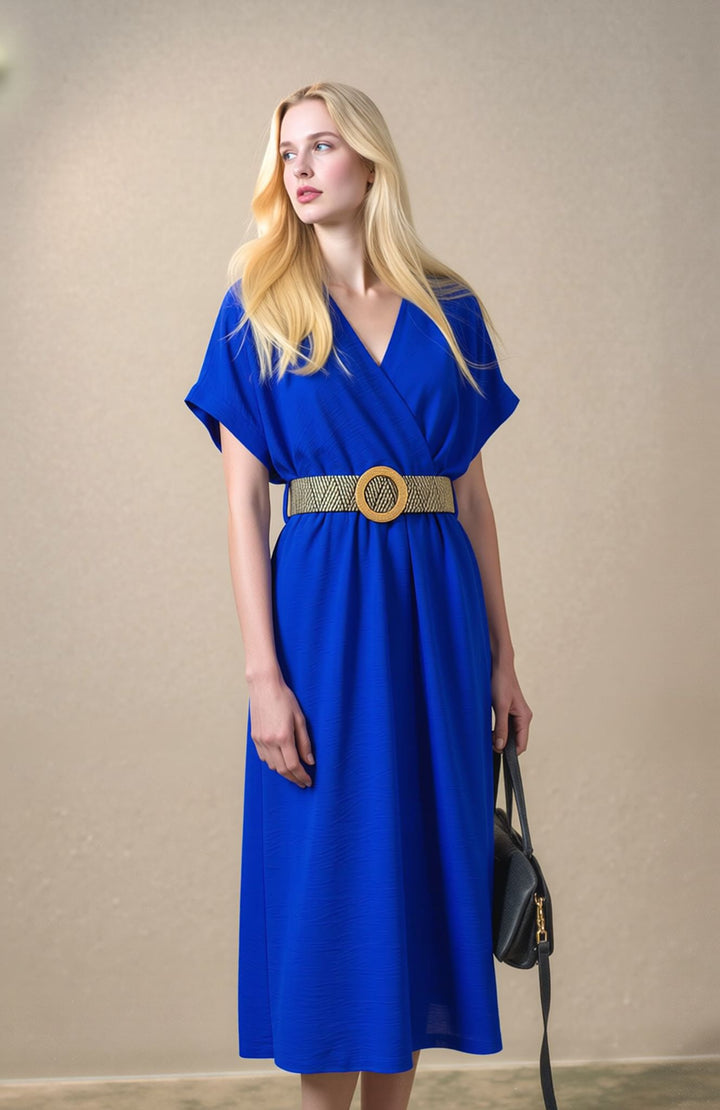 Royal Blue Wrap Midi Dress Elegant Summer Occasion Dress with Belt