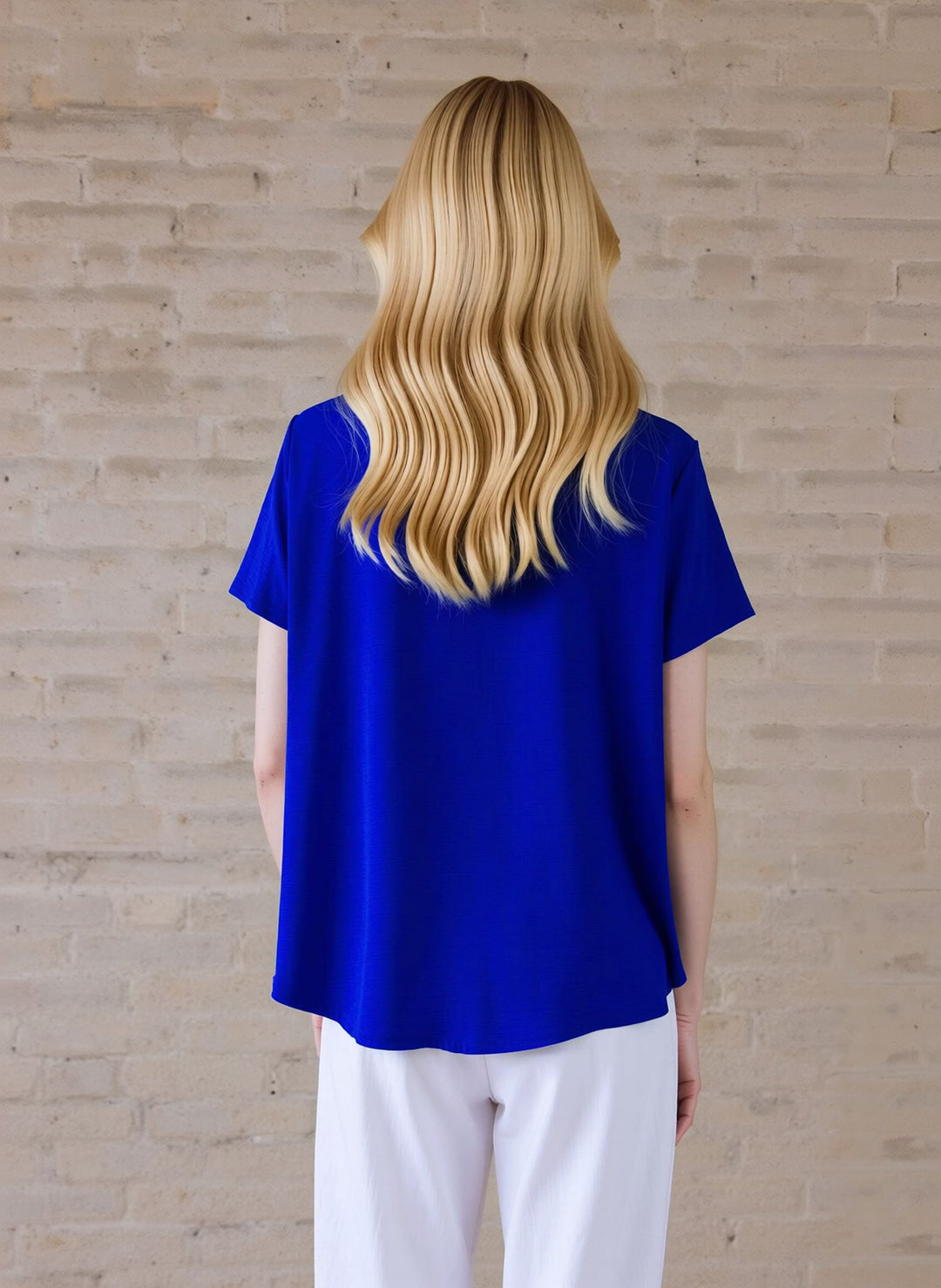 Royal Blue Zip Front V-Neck Loose Fit Blouse Top