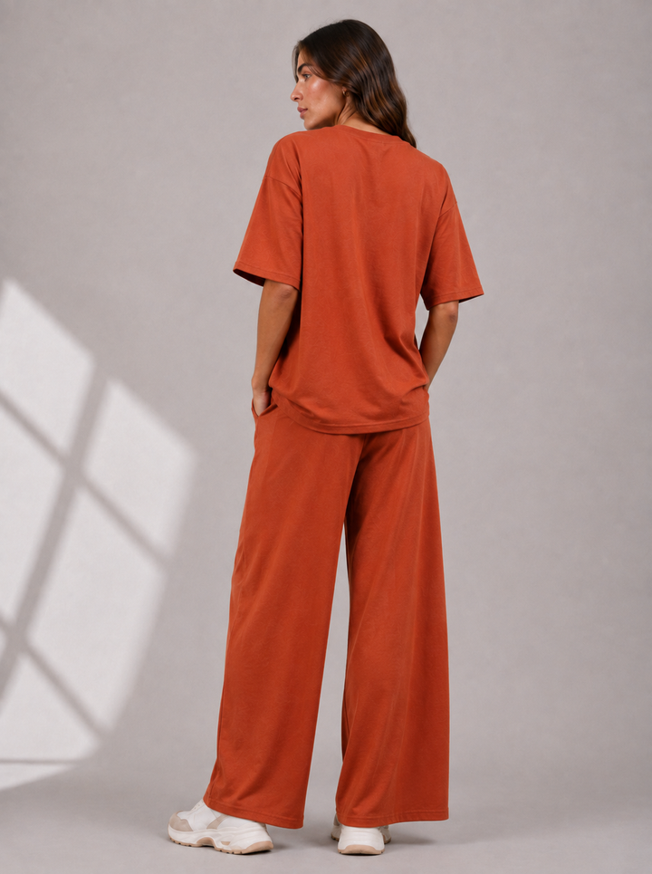 Rust Orange Two Piece Co-Ord Set Oversize Top with Seam Detail Wide Leg Trousers