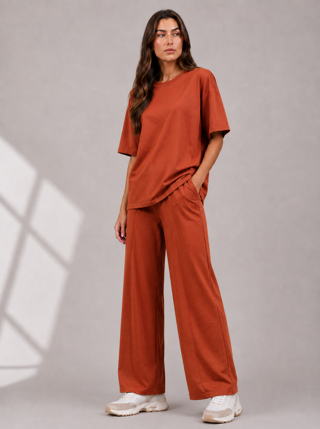 Rust Orange Two Piece Co-Ord Set Oversize Top with Seam Detail Wide Leg Trousers