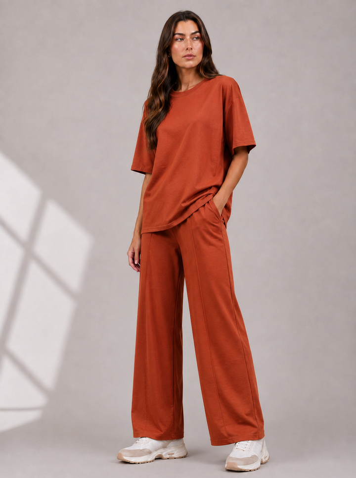 Rust Orange Two Piece Co-Ord Set Oversize Top with Seam Detail Wide Leg Trousers